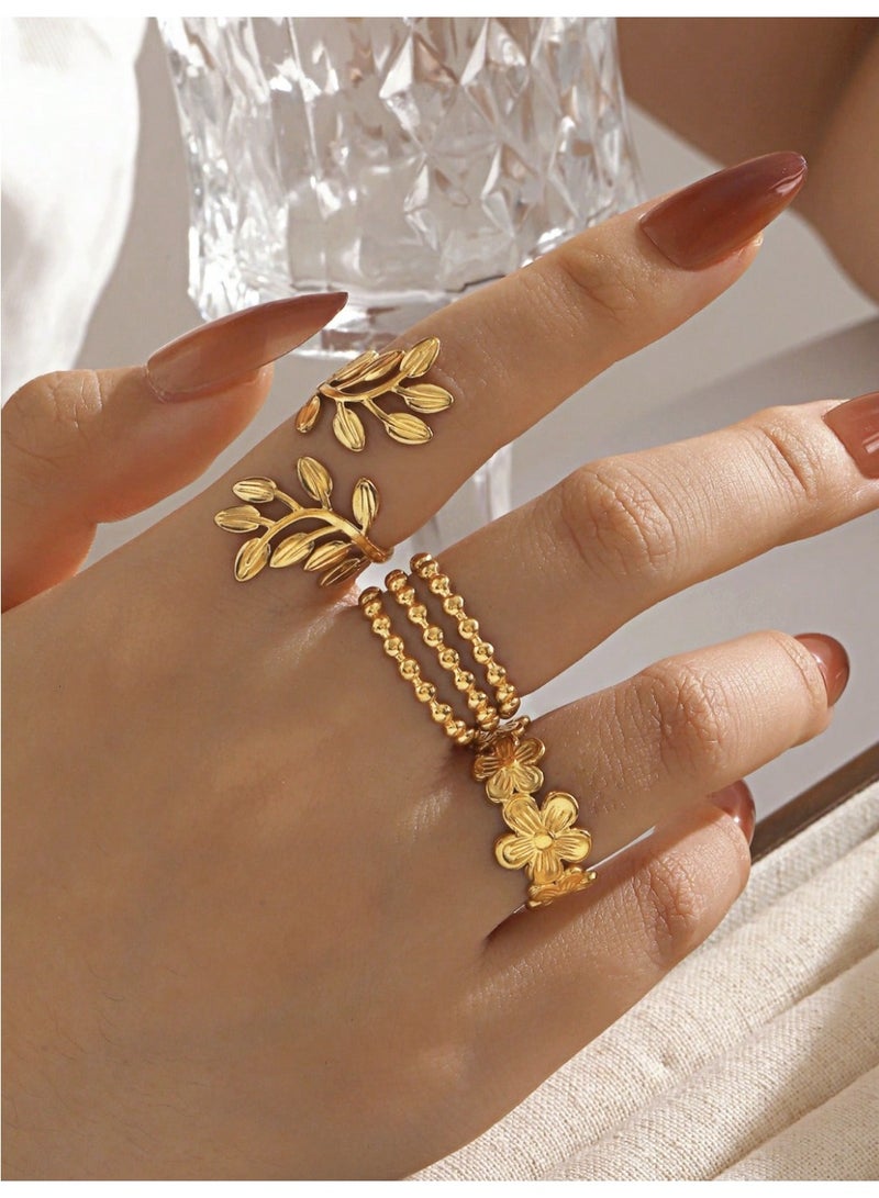 veya SET OF 3 WOMEN’S GOLD-PLATED RINGS 18K – FLORAL & LEAF DESIGN - Image 1